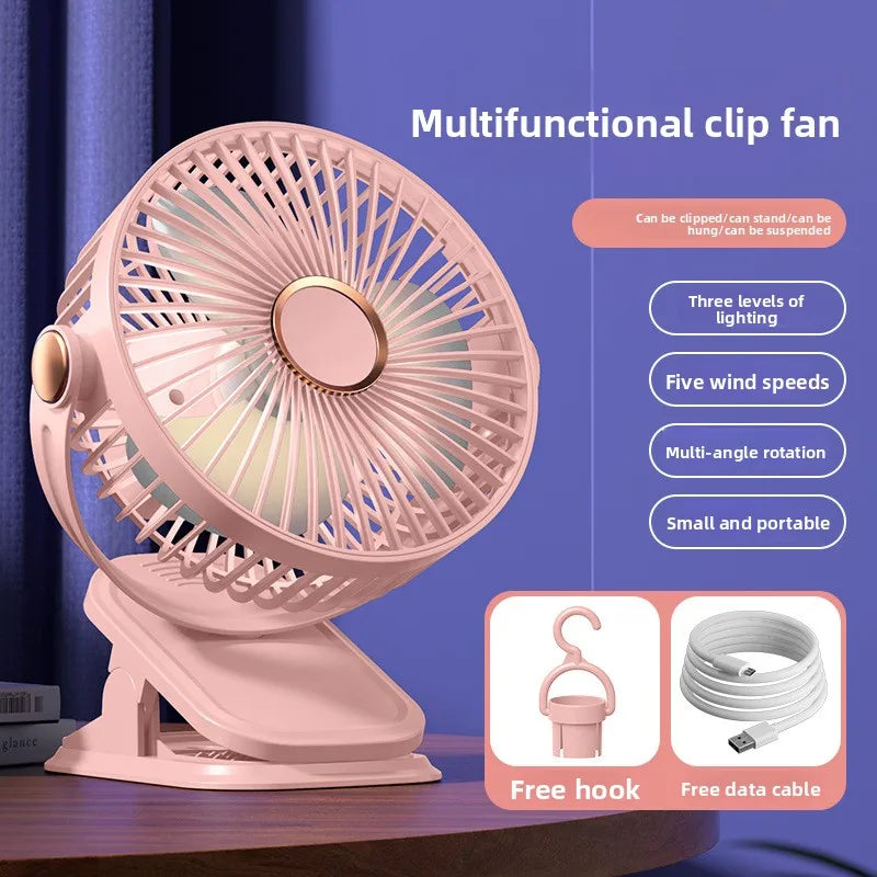 USB Rechargeable Clip Fan 5 Speeds 3 Level Night Light 720° Rotation Ultra Quiet Brushless Motor Portable for All Scenarios Oasis Select Pink