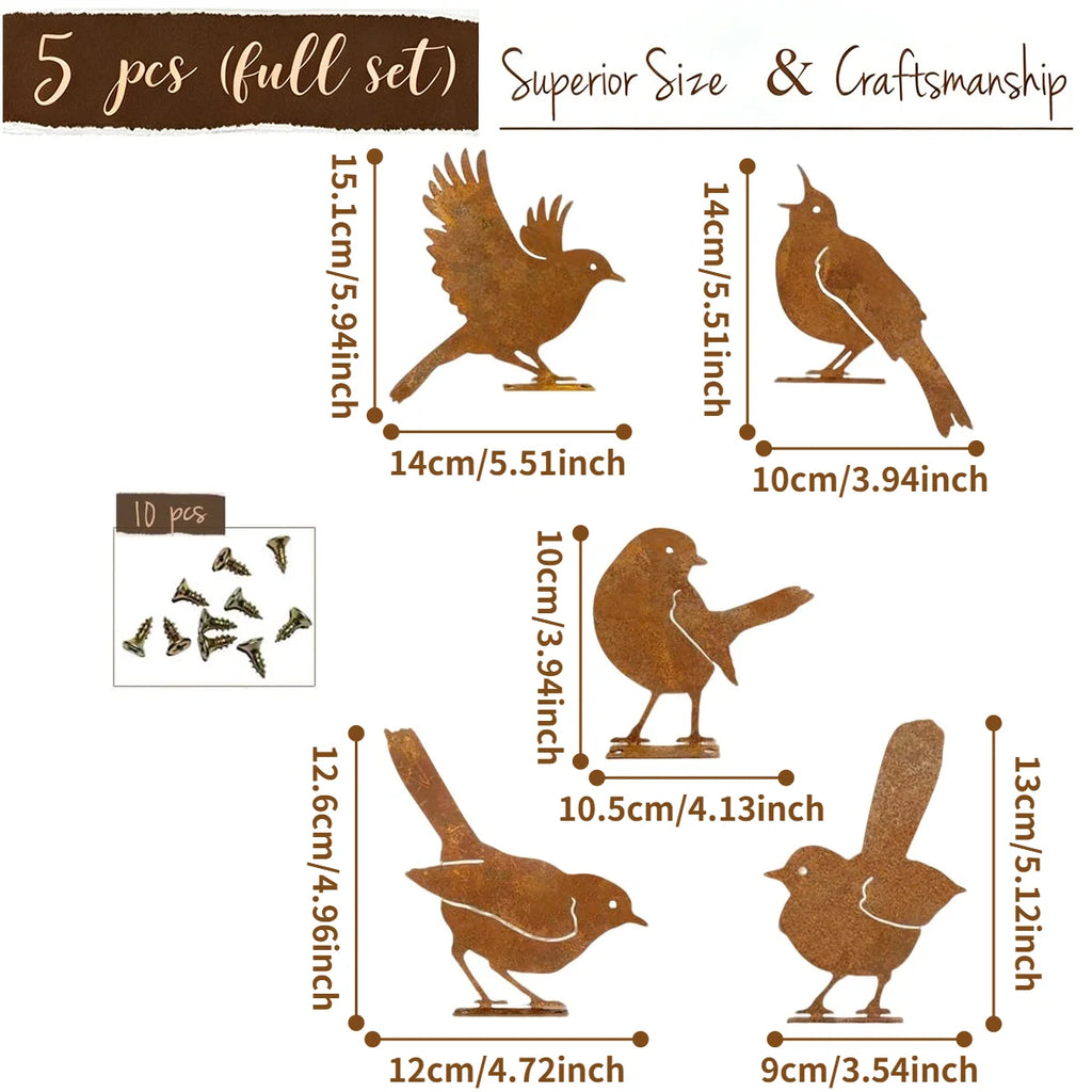 5PCS Metal Bird Wall Decor Rustic Farmhouse Outdoor Yard Art Garden Sculpture Fence Patio Ornament Weathered Steel Set Oasis Select