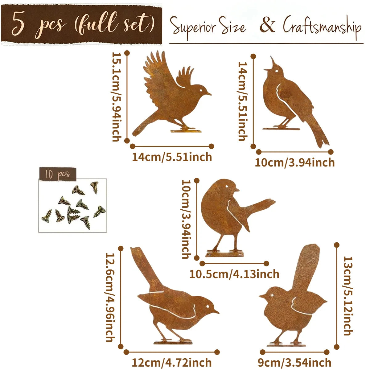 5PCS Metal Bird Wall Decor Rustic Farmhouse Outdoor Yard Art Garden Sculpture Fence Patio Ornament Weathered Steel Set Oasis Select