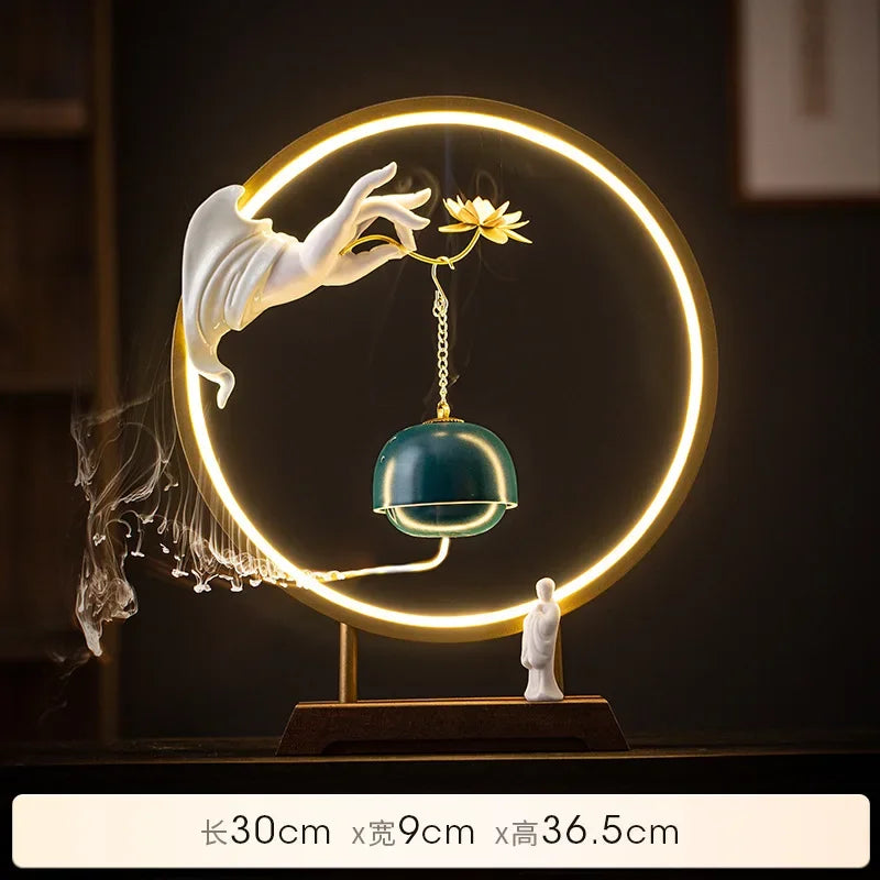 New Chinese Zen Buddha Hand Lotus Incense Decoration Creative Living Room Decorative Light Ring Reverse Flow Incense Burner Oasis Select Blue B