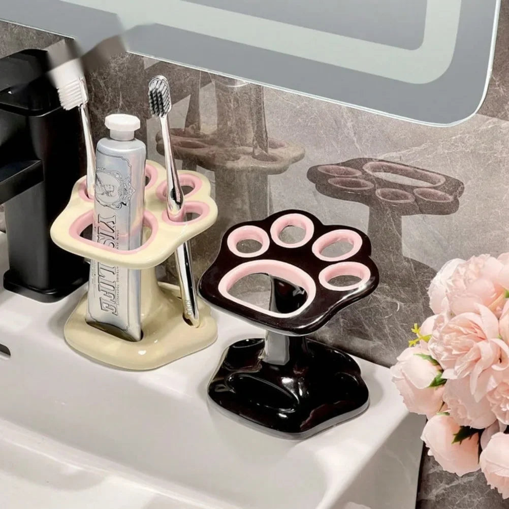 Cat Paw Shape Ceramic Toothbrush Holder Cute No Punching Toothbrush Holder Base Makeup Brush Storage Bathroom Accessories Tool Oasis Select