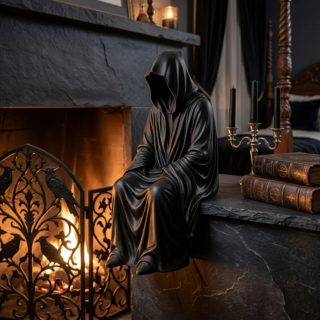 Gothic Grim Reaper Desktop Edge sitting posture Ornament Black Robe Faceless Wizard Sculpture Ornament Home Desktop Decor Oasis Select