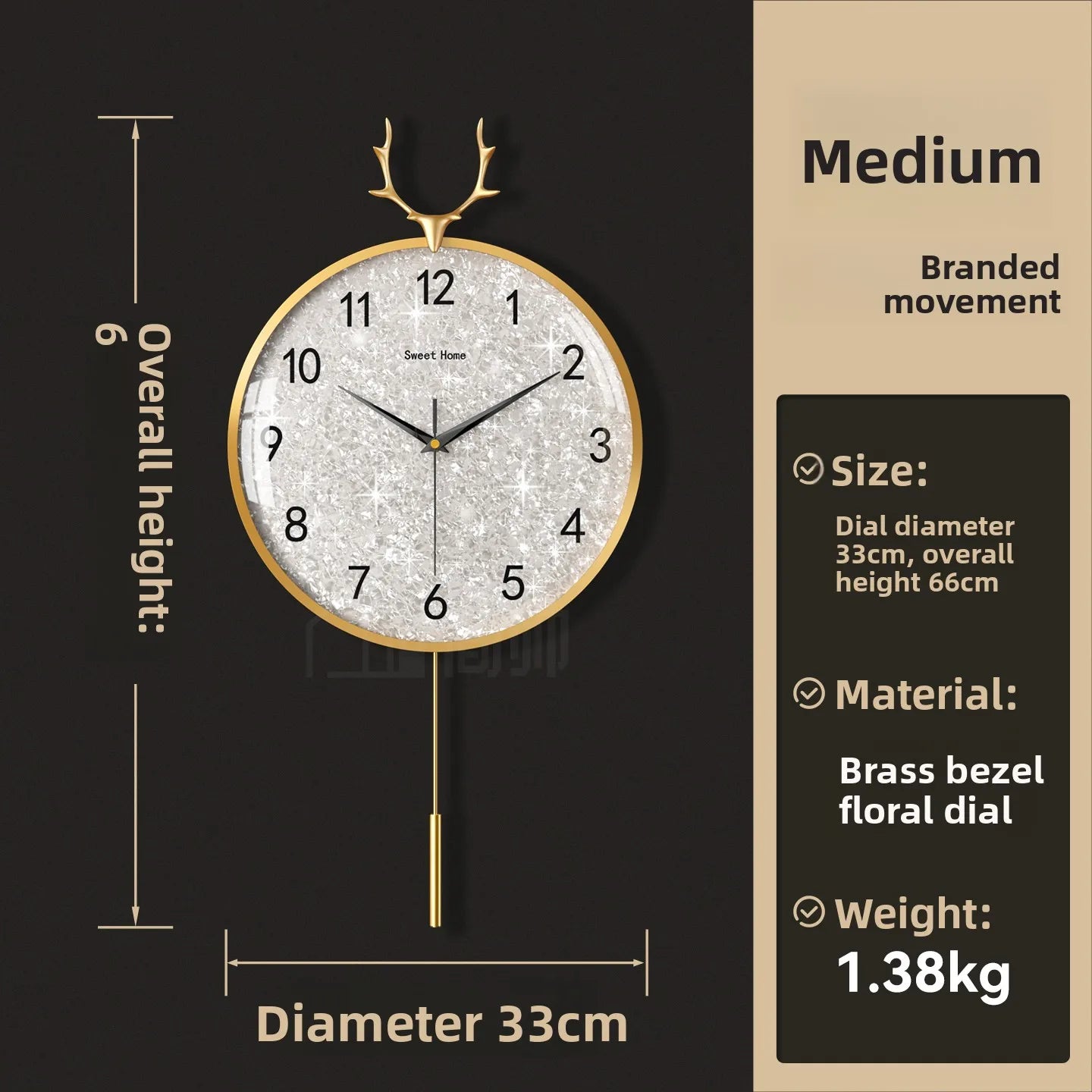 Golden Deer Horn Hanging Clock Pendant Light Luxury Dial Silent Living Room Modern and Simple Home Wall Decoration Oasis Select Brass 33cm Normal