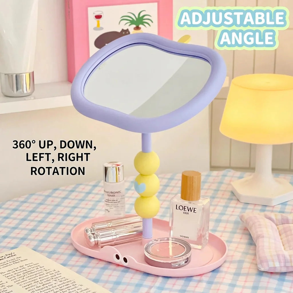 Cute Apple-Shaped Tabletop Vanity Makeup Mirror, HD Clear Adjustable Rotating Mirror With Storage Tray For Dorm Bedroom Oasis Select