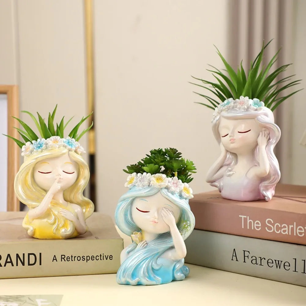 Durable Cute Fairy Head Plant Pot Resin Crafts Handmade Succulents Flower Pot Cartoon Waterproof Figure Planter Garden Courtyard Oasis Select