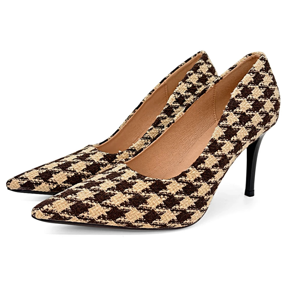Women Vintage Coquette Houndstooth Heels 9cm Black Yellow Plaid Pointed Toe Pumps Office Party Shoes Non Slip Retro Fashion New Oasis Select