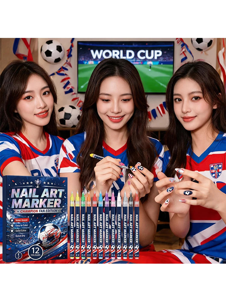 12-Color Soccer Fan Nail Art Marker Pens | Quick Dry DIY Set
