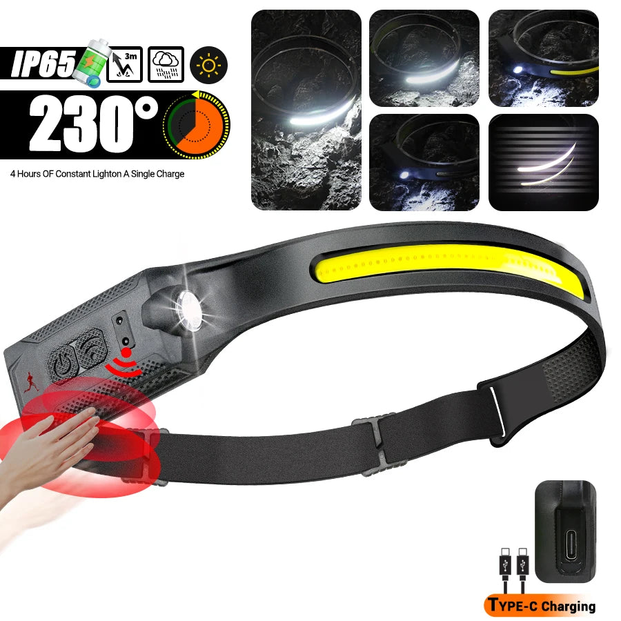 LED Sensor Headlamp | 5-Mode Rechargeable Head Torch | Camping