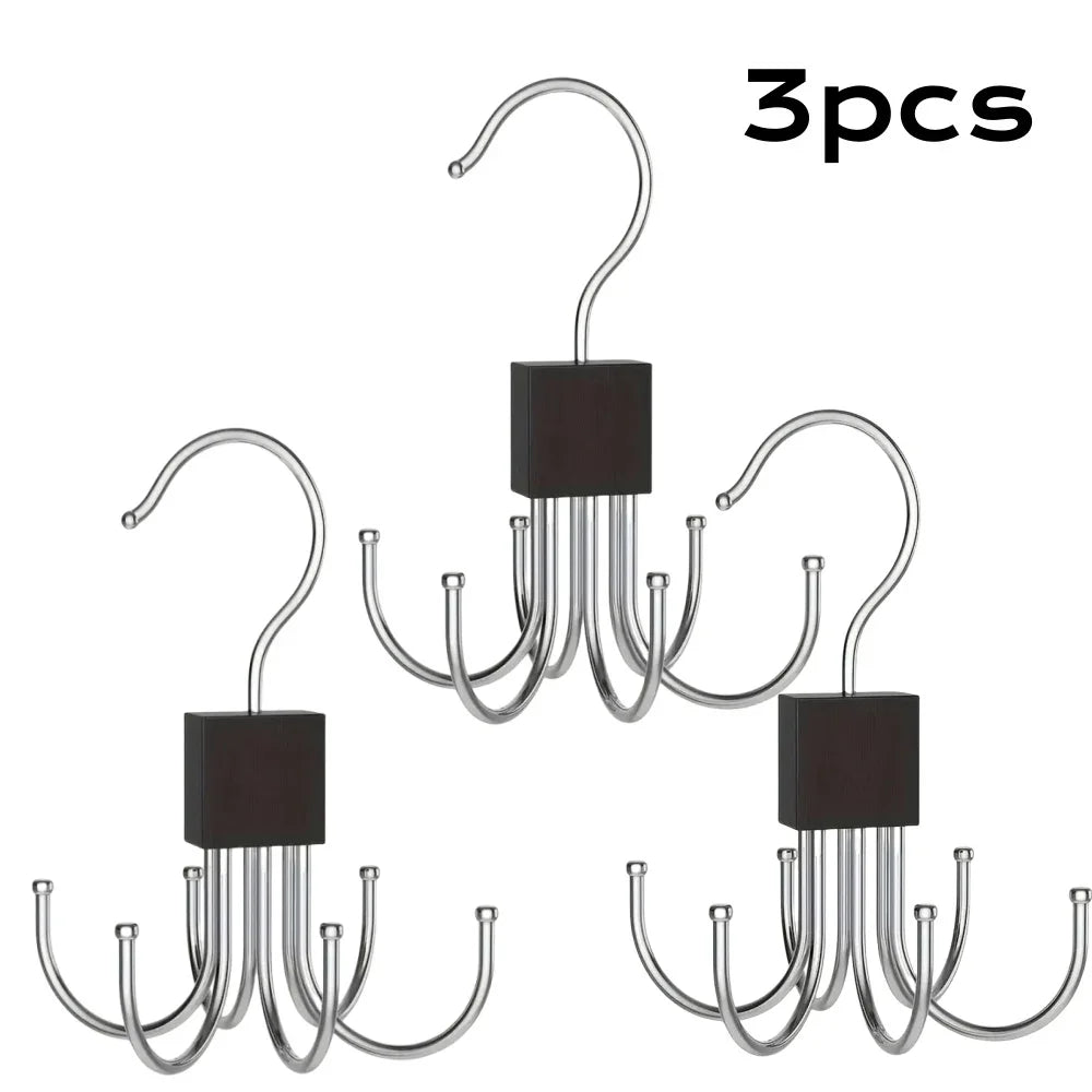 360° Rotating Storage Hanger Hook Multi-Claw Bag Metal Belts Rack Wooden Organizer For Bras Ties Scarves Household Closet Acces Oasis Select 3pcs