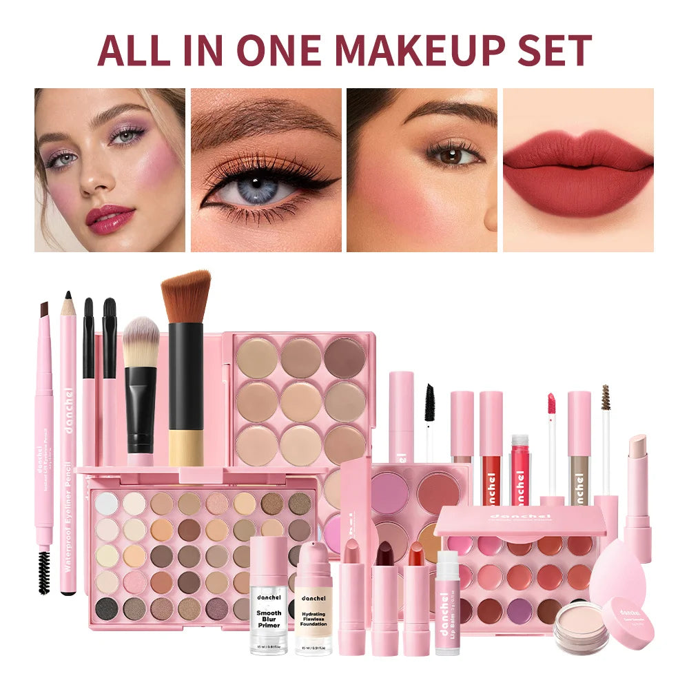 All In One Makeup Set for Full Face Base Concealer Contour Highlight Blush Palette Eyebrow Pencil Eye Shadow Lip Makeup Kit Oasis Select 1set