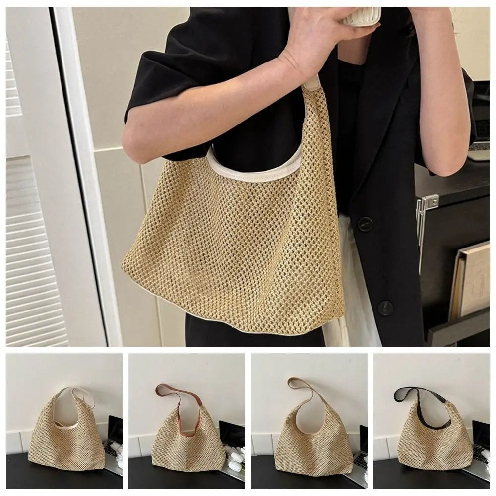 Fashion Solid Color Weave Straw Bag Bohemian Style Large Capacity Beach Handbag Bucket Bag Handmade Shoulder Bag Summer Oasis Select