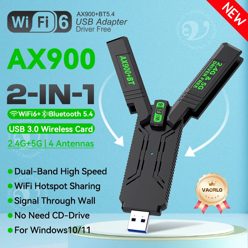 AX900 WIFI6 USB Adapter 2IN1 Bluetooth 5.4 900Mbps WiFi 6 Dual Band 2.4G&5G 802.11AX USB3.0 Wireless Card Receiver For WIN10/11 Oasis Select