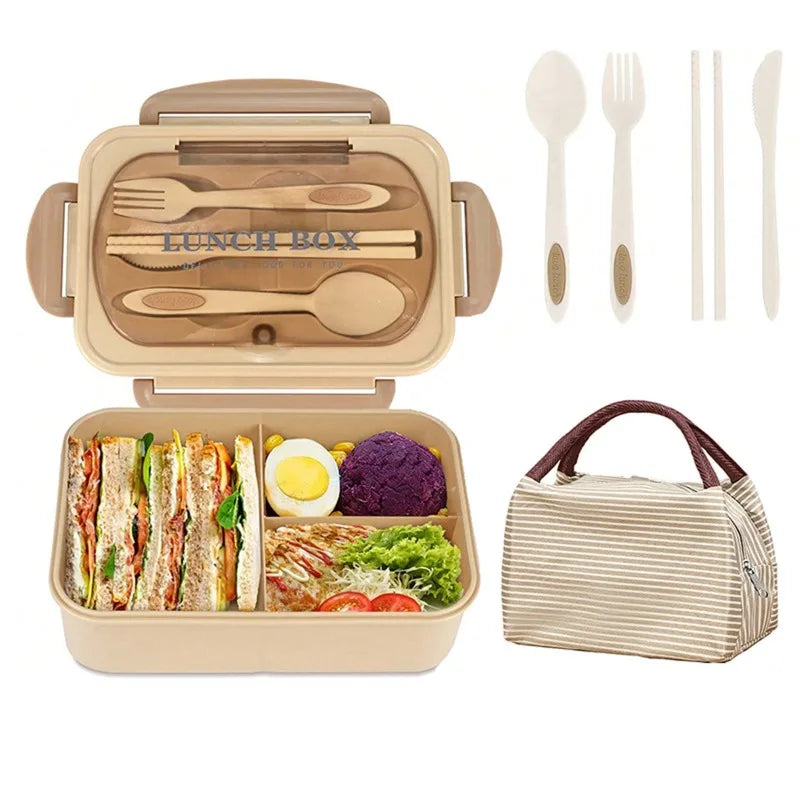3-Compartment Bento Lunch Box Food Grade PP Microwave Safe Leakproof Reusable with Cutlery Thermal Bag for Office Students Oasis Select
