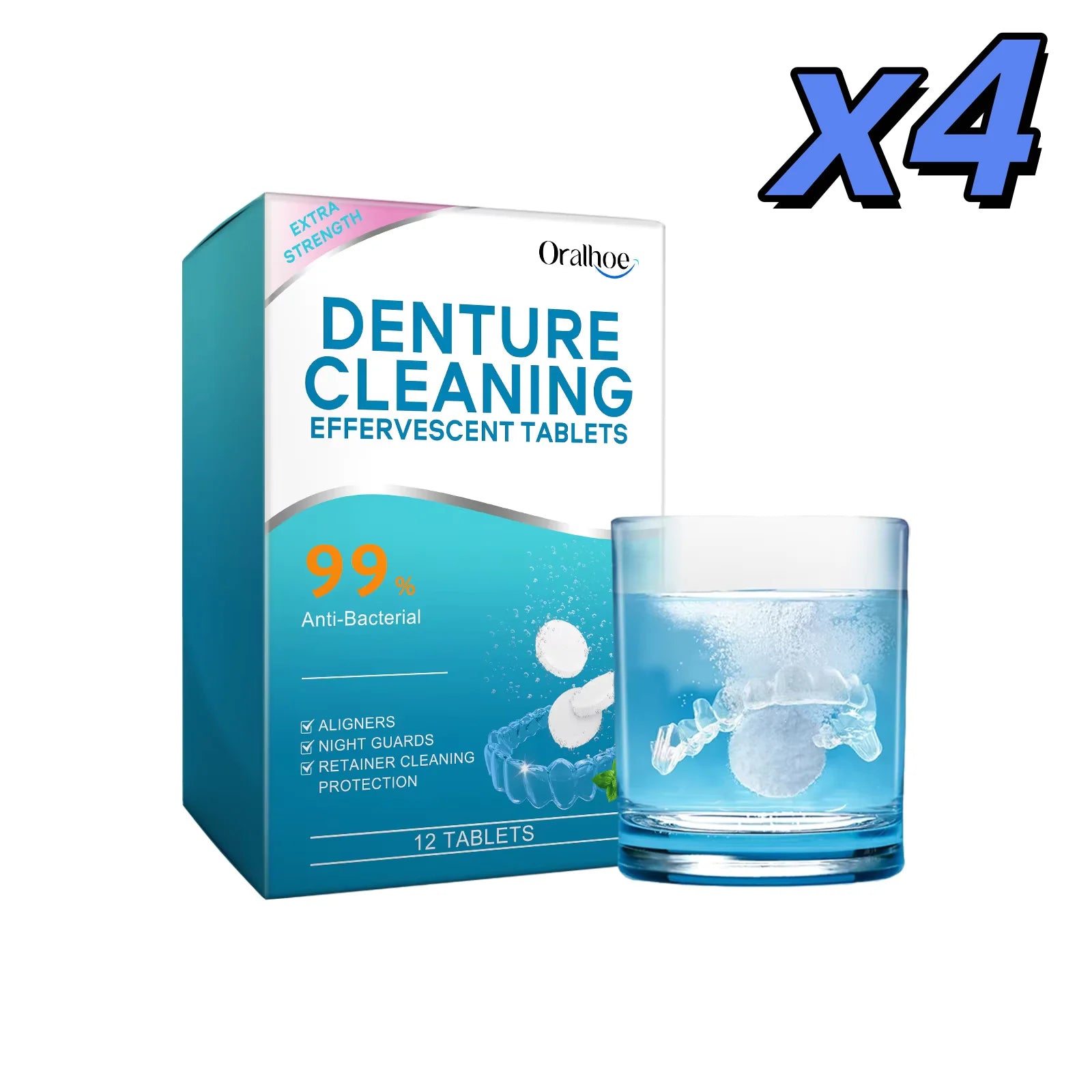 Denture Cleaning Tablets Whitening Removing Stains Plaque Fresh Breath Antibacterial Portable False Teeth Effervescent Pills Oasis Select 4pcs x 12 TABLETS