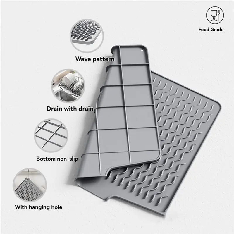 LIKE WISH Silicone Tableware Drain Mat, Anti Slip Sink Mat, Slope Guide Bowl Dish Drying Filter Mat Oasis Select