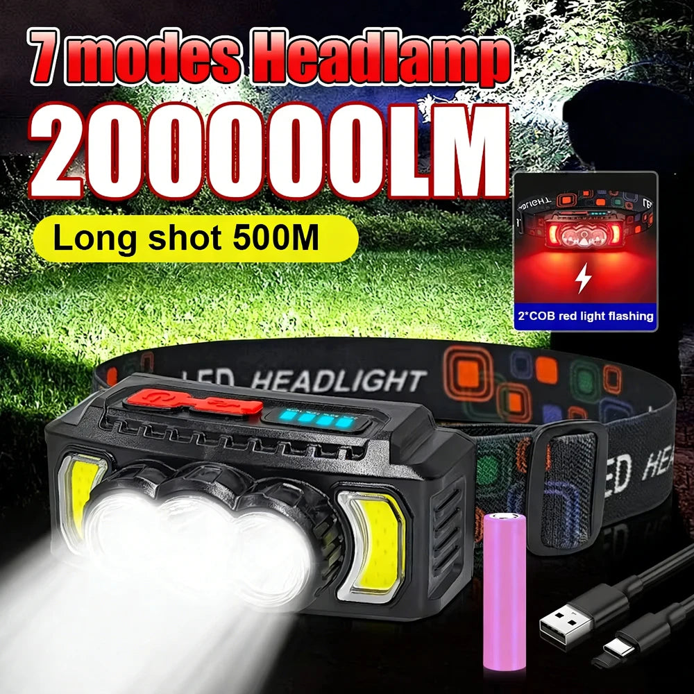 Super Powerful COB Head Flashlight LED Portable Head Lamp USB Rechargeable 7 Modes Outdoor Camping Hiking Headlamp Work Light Oasis Select