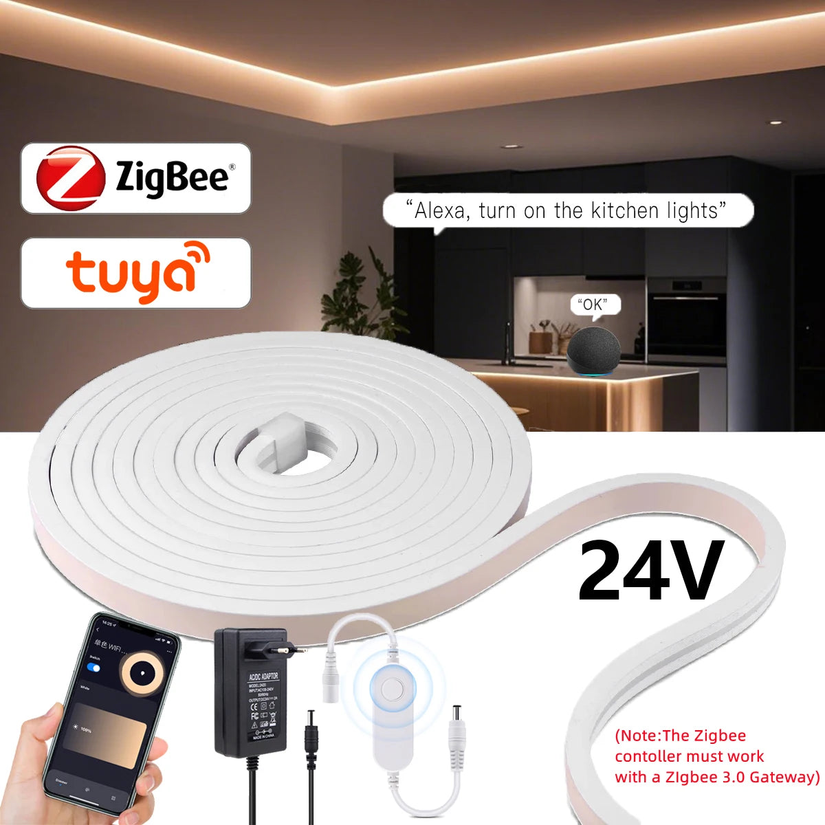 Tuya Zigbee Dimmable LED Strip Closet Light 24V Ra90 Waterproof 320LEDs/m Smart APP Voice Control Flexible Ribbon Neon Tape Oasis Select