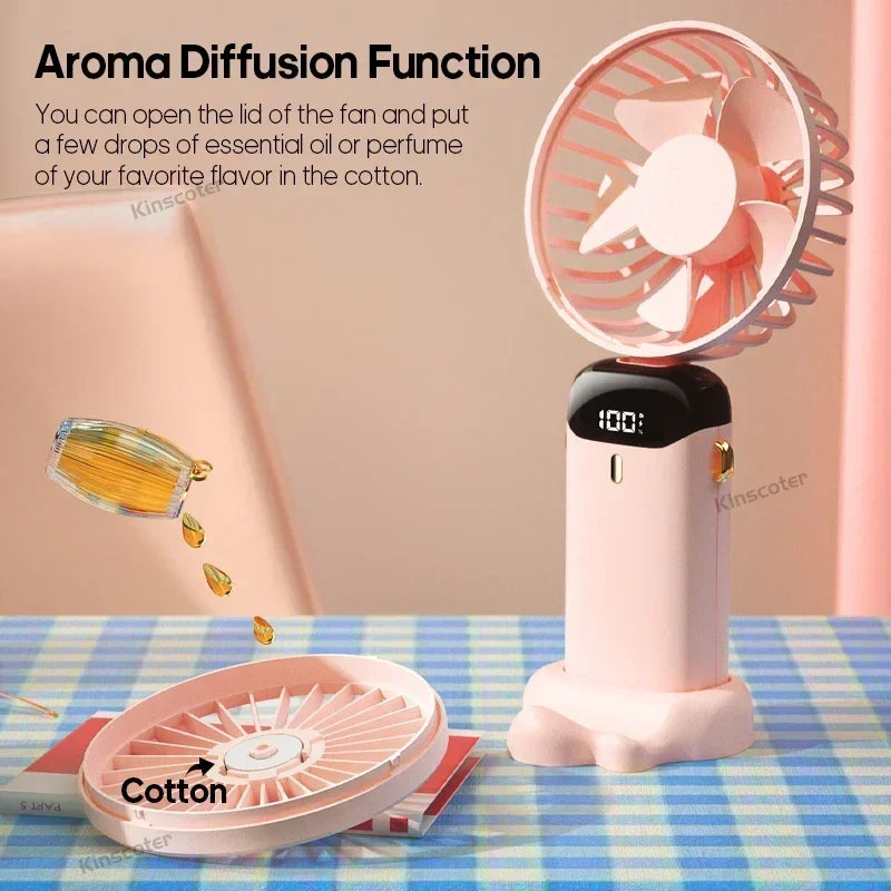 Portable Handheld Mini Fan 3000mAh Foldable Neck Hanging Fans 5 Speed Adjust USB Charge Fan with Phone Stand and Display Screen Oasis Select