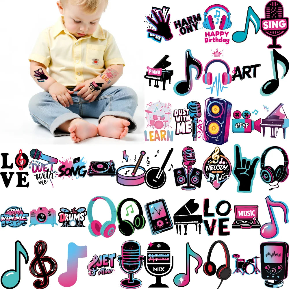 63-Pack Music Cartoon Temporary Tattoos – Waterproof Stickers Temporary Tattoo Set Oasis Select
