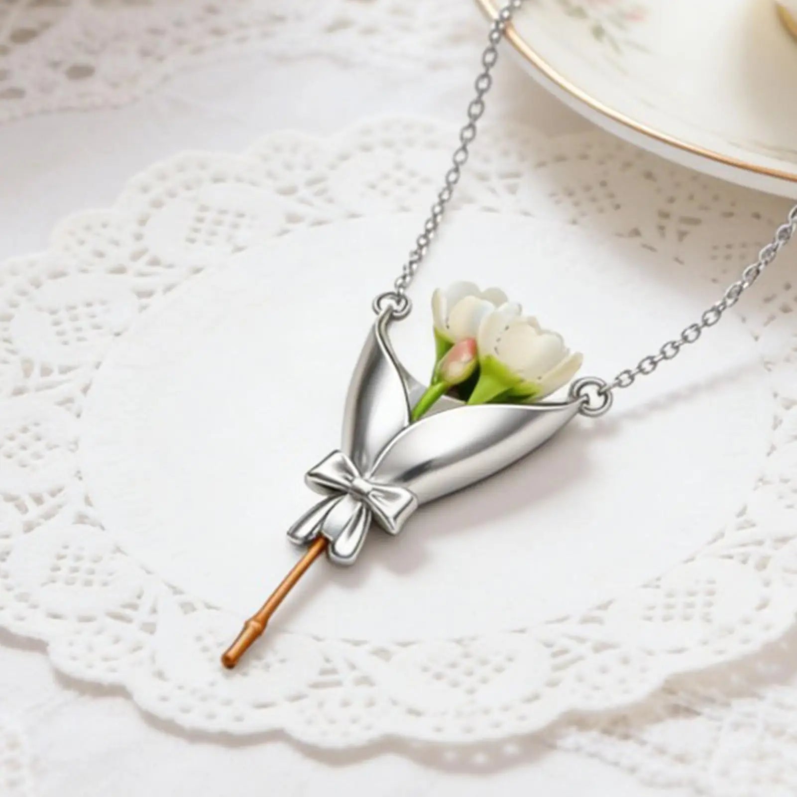 Flower Necklace Romantic Trendy Bouquet Jewelry Copper Cute Floral Necklace Bouquet Necklace Pendant Creative Vase Necklace Oasis Select