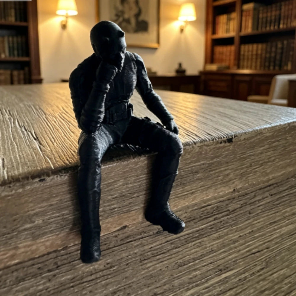 Black Tactical Masked Figurine 3D Printed Seated Contemplative Pose Honme Desk Ornament for Home Office Gaming Setup Decor Gifts Oasis Select