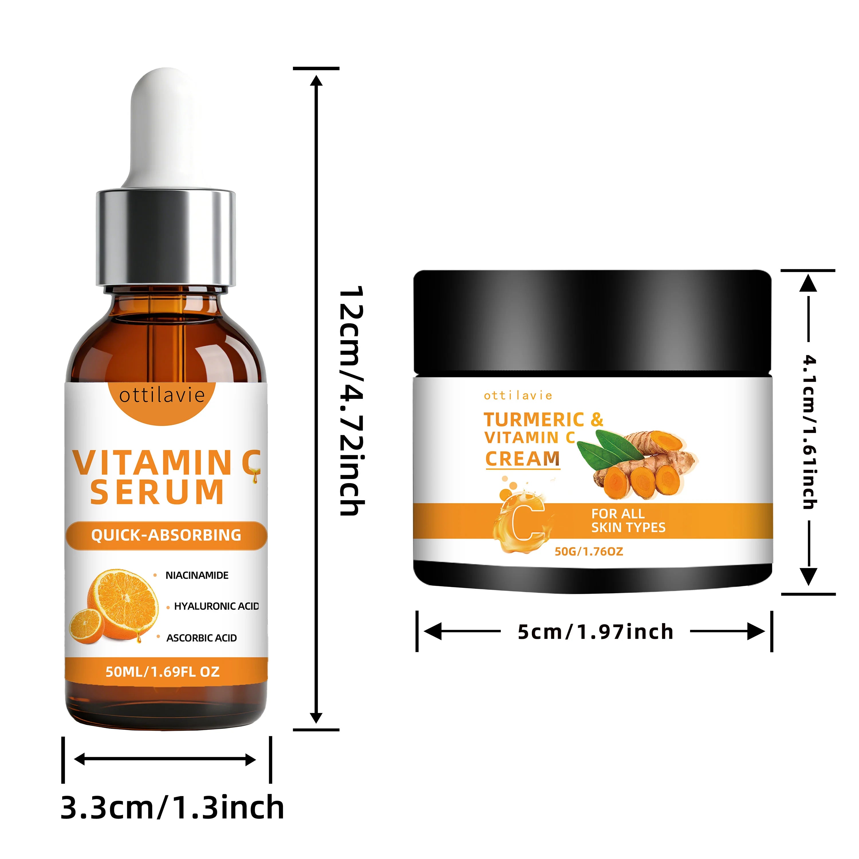 Ottilavie Turmeric & VC Cream+Serum Skincare Duo Set, ace/Neck/Body,Unisex,All Skin Types, Lightweight Daily,Non-greasy Oasis Select 50g50ml