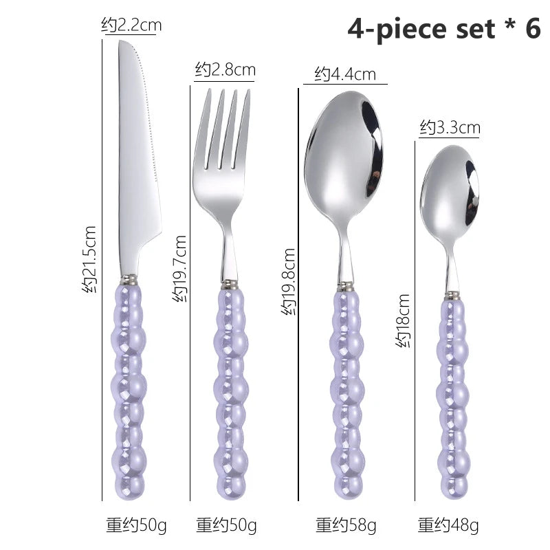 24-Piece Pearl Handle Stainless Steel Cutlery Luxury Forged Knife Fork Spoon Shell Spoon Kits Dessert Steak Dining Tableware Oasis Select Purple-24pcs
