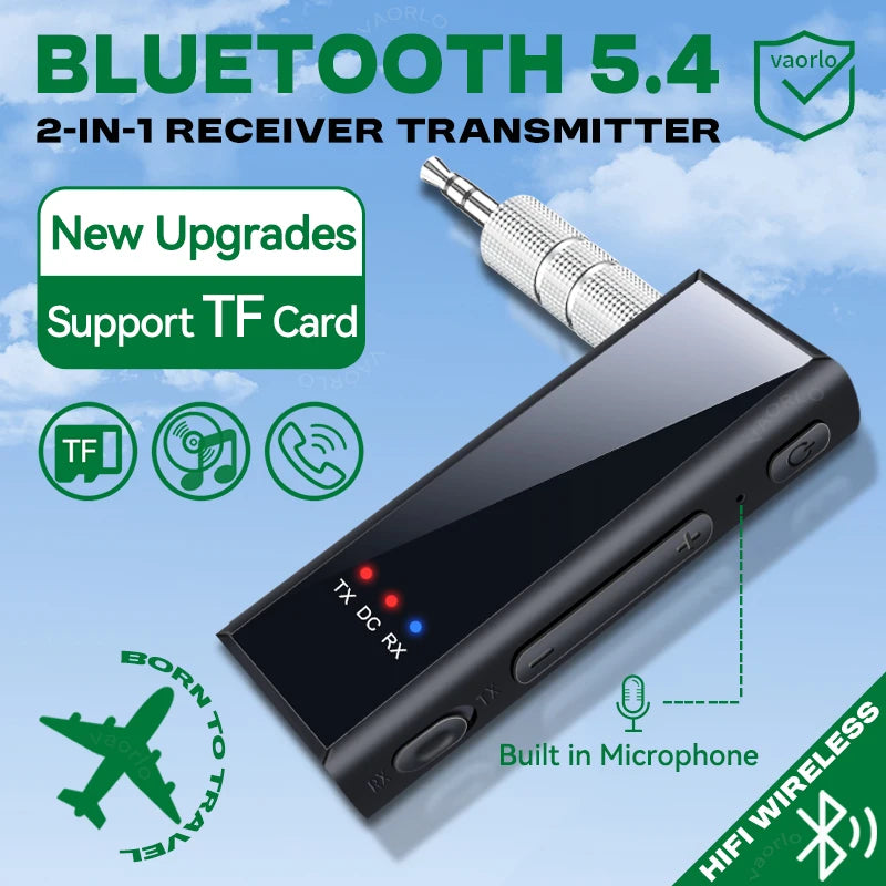 New Bluetooth 5.4 Audio Transmitter Receiver 3.5MM AUX Stereo Music Wireless Adapter With Mic Support TF Card Play For Car TV PC Oasis Select