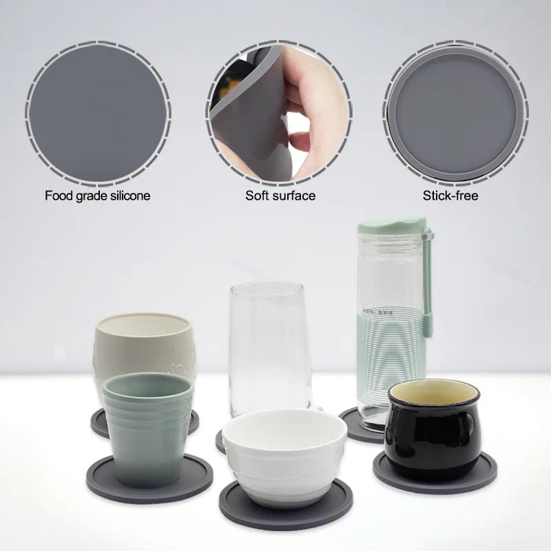 6pcs Non-slip Silicone Drinking Coaster Set Holder Cup Coaster Mat Set Round Coffeee Cup Mat Set Black Tabletop for Home Kitchen Oasis Select