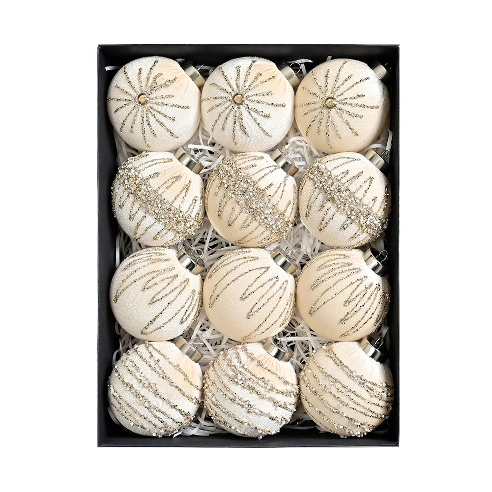 12-pcs 8cm Flocked Velvet Christmas Tree Ornaments Set Fit For Elegant Holiday Decor Christmas Charms Home Decor Xmas Hanging Oasis Select Beige China Mainland