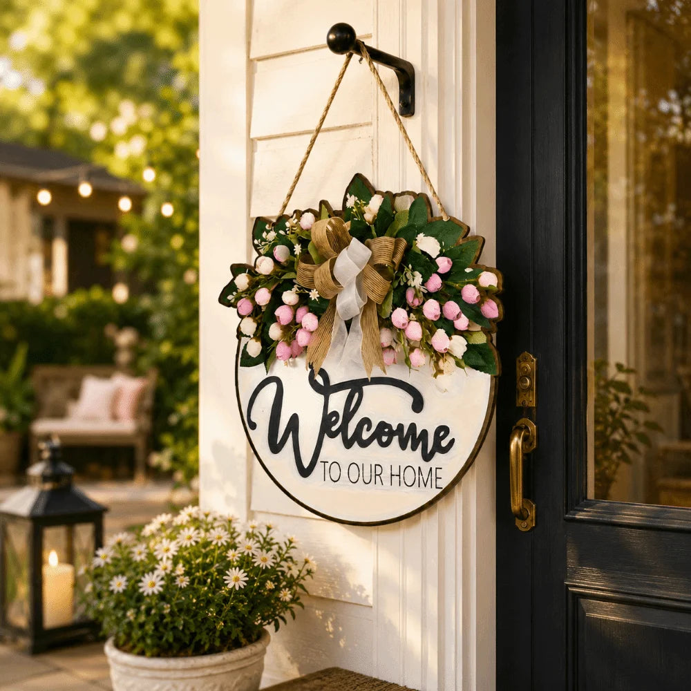 Creative 2D Flat Welcome Sign Wooden Bow Knot Hanging Decoration Flower Round Shape Wall Art Porch Decor Oasis Select