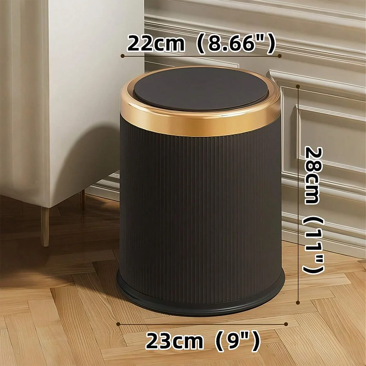 Modern White and Black Double Layered Trash Bin with Press Top Lid for Bathroom, Office and Bedroom Oasis Select