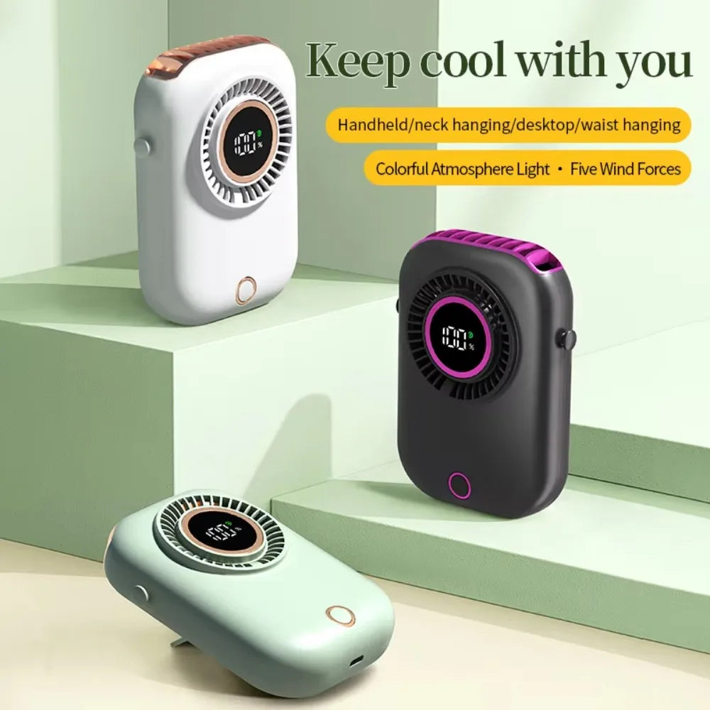 5 Speeds Mini Hanging Neck Fan Wide-Angle Airflow Ultra Quiet Portable Cooling Fan Digital Power Display Fanless Design Oasis Select