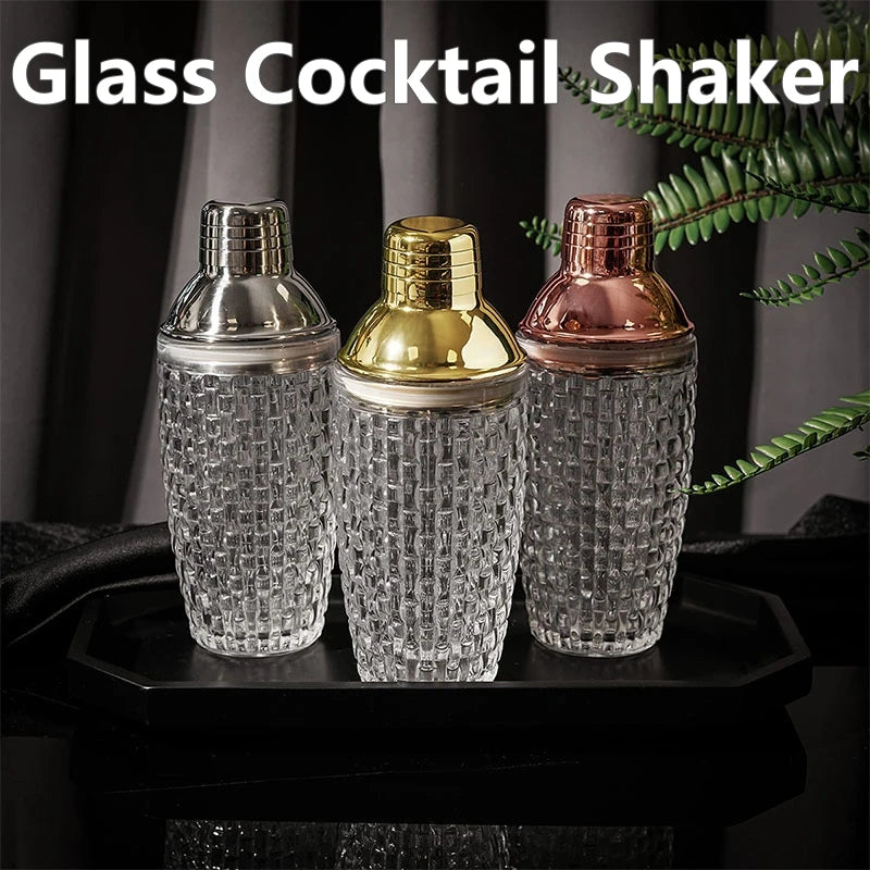 Glass Cocktail Shaker Kit Crystal Cocktail Shaker, 17oz Martini Shaker with Leakproof Metallic Steel Lid&Strainer for Home Oasis Select