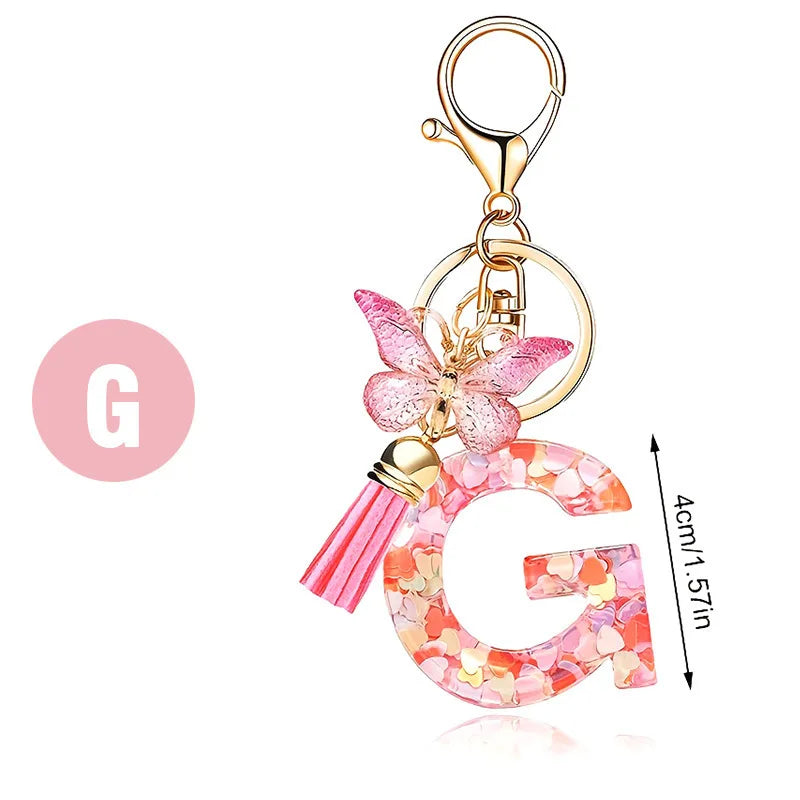 1pc Pink Glitter Letter Keychain with Heart Butterfly Tassel Crystal Resin Charm Fashion Accessory Gift for Women & Girls Oasis Select G
