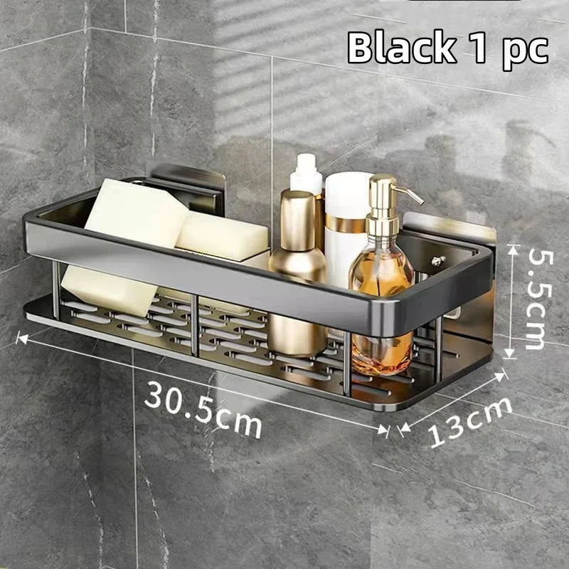 Bathroom Shelf Kitchen Storage Organizer Aluminum Alloy Shampoo Rack Shower Shelf Bathroom Accessories No Drill Shelf Oasis Select StyleB-Black-1PC