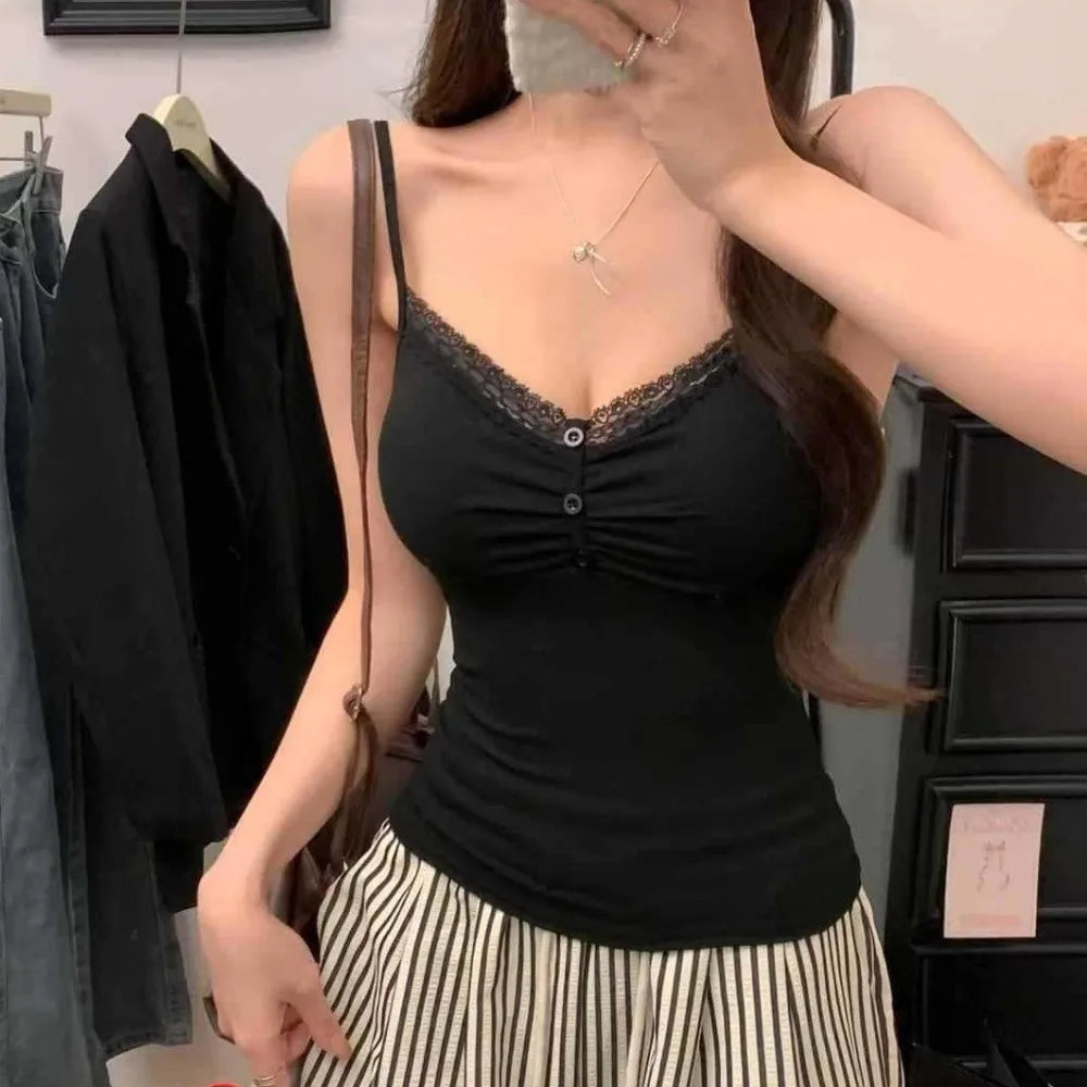 Casual Slim Fit Lace Trim Vest Short with Chest Pad V Neck Top Button Front Sleeveless Top Women Oasis Select Black One Size