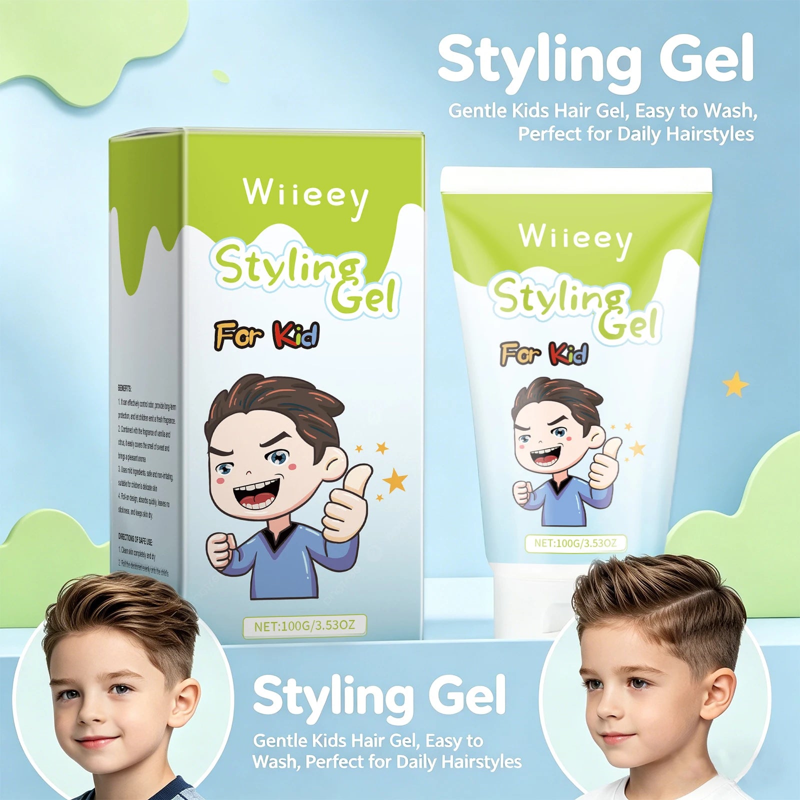 Styling Gel for Children Natural Hold No Flaking Easy Wash,Non-toxic Lightweight Non Sticky Boys Girls Daily Party Hairstyles Oasis Select