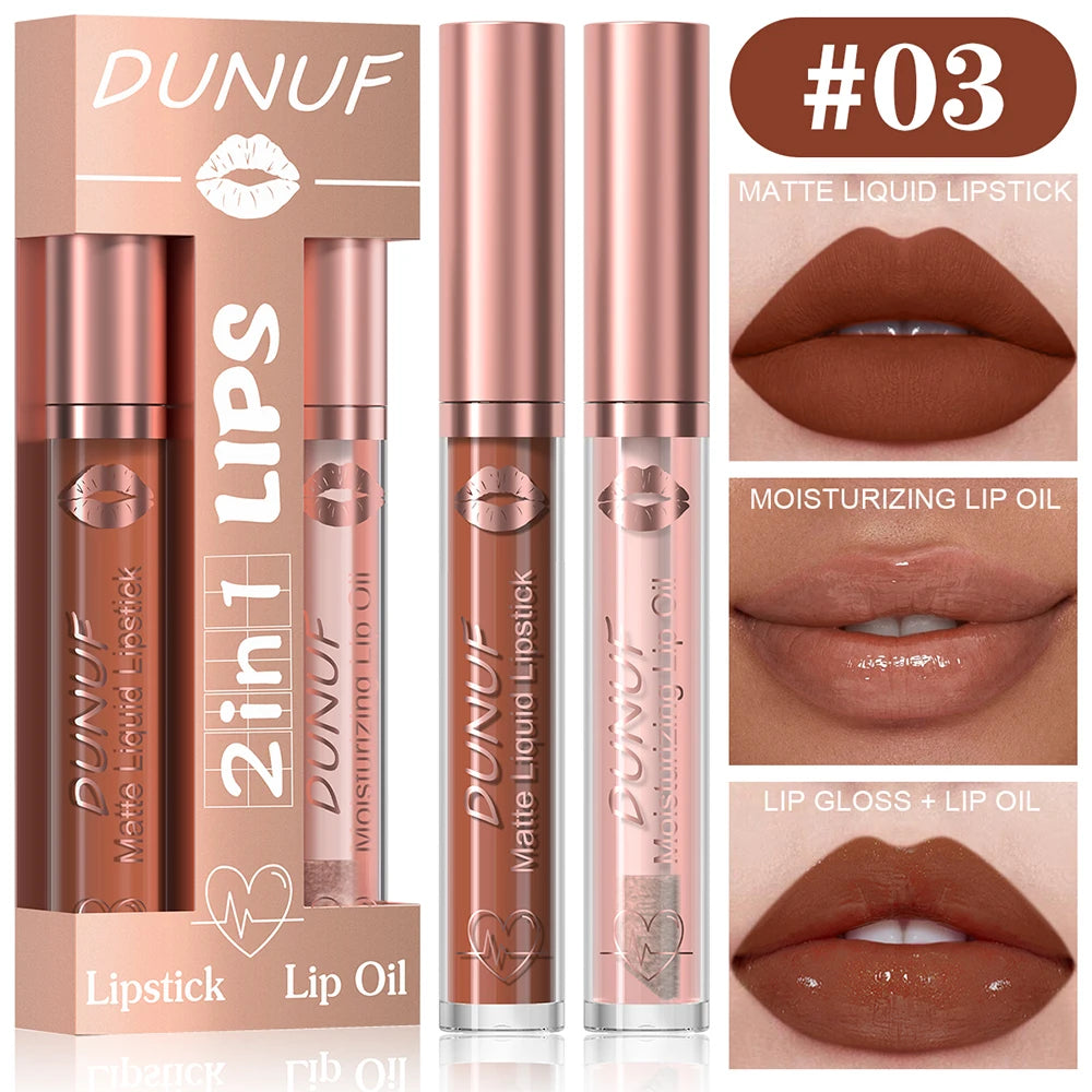 DUNUF Lip Gloss And Lip Oil Set 2-Piece Long-Lasting Waterproof Matte Moisturizing Non-Fading Lipstick Collection Oasis Select 03