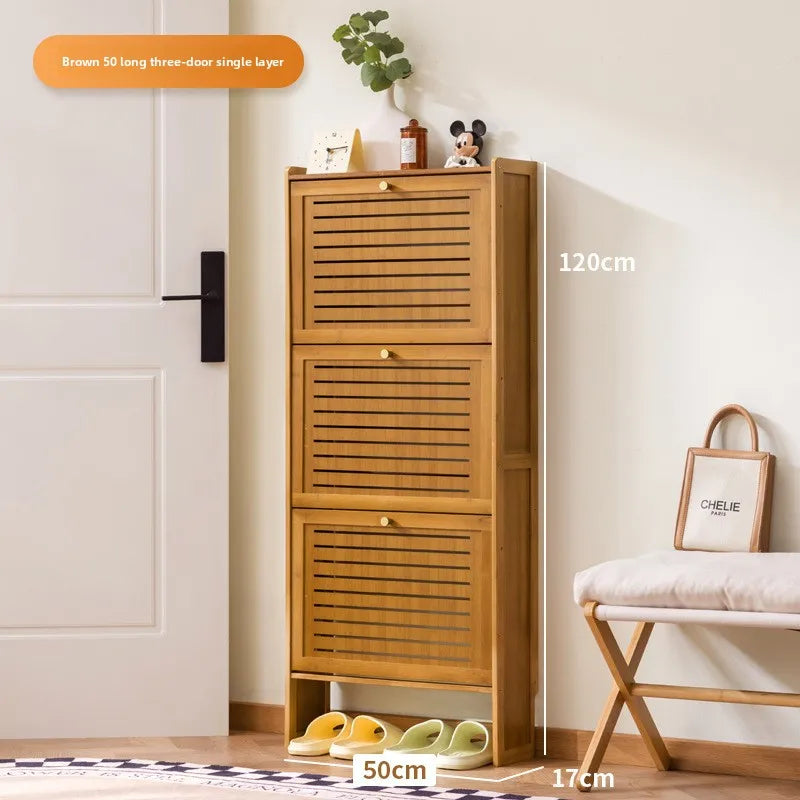 Ultra-thin shoe cabinet home door 2025 new retro black porch cabinet home tipping bucket storage shoe rack Oasis Select Three doors 50 brown