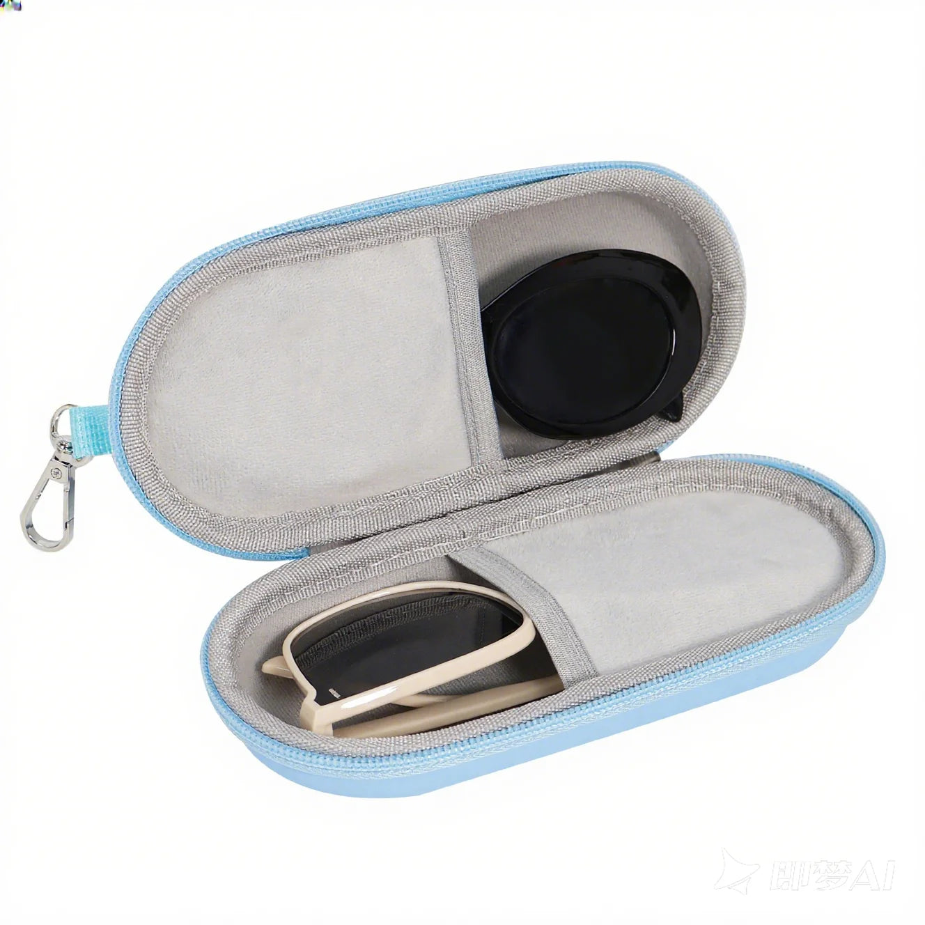 1pc Double Mirror Box, With Zipper Closure & Clip,Portable Eyewear Storage Box for 2 Glasses,Sunglasses Holder, Colored Contacts Oasis Select Blue