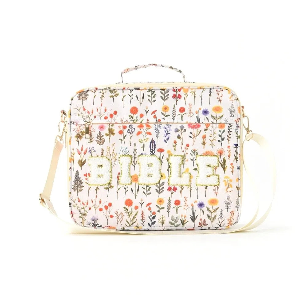Portable Bible Cover Case Dustproof Large-capacity Bible Carrying Bags with Shoulder Strap Multilayer Book Storage Bag Women Oasis Select Small white flowers