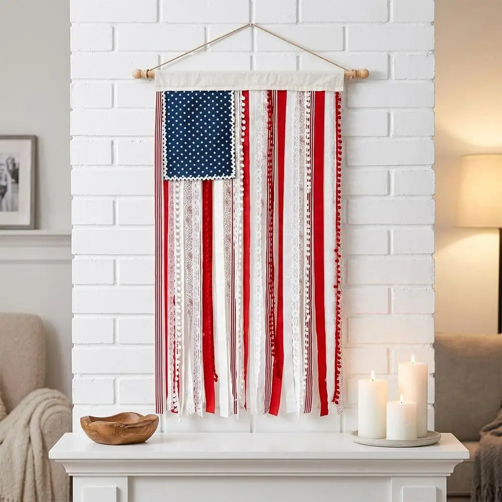 4th of July USA Flag Fringe Banner with LED Lights – 50"×27"
