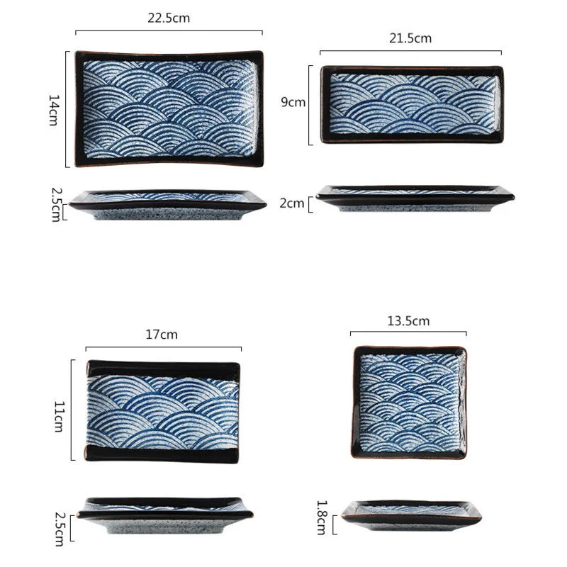 Japanese Wave Pattern Ceramic Sushi Plate Retro Steak Dish Sushi Dinner Plate Tableware Oasis Select