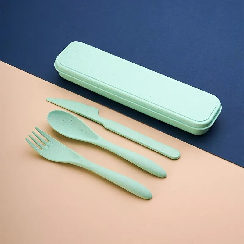 3pcs Outdoor Travel Knife, Fork, and Spoon Cutlery Set with Storage Box, Reusable Lightweight Utensils for Travel, Work, School Oasis Select green