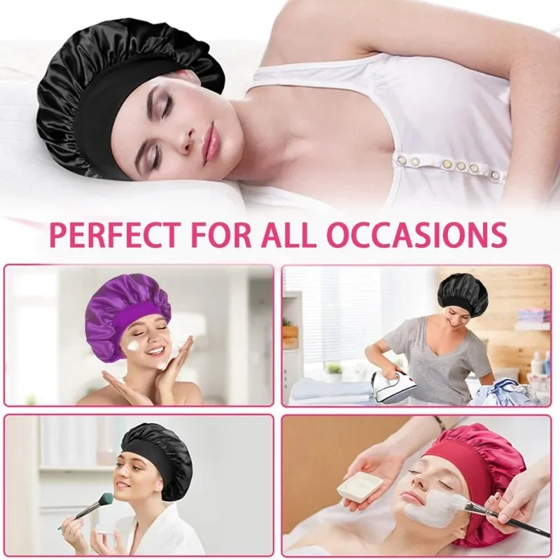 1pc Night Sleep Caps with Wide Elastic Band, Silk Wrap, Soft Head Cover Sleeping Hat for Women and Girls Curly Hair Oasis Select