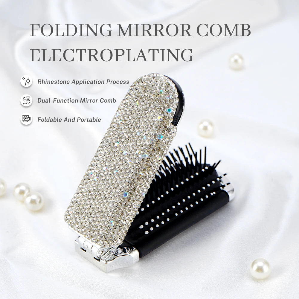 Crystal Foldable Hair Brush with Mirror – Compact Pocket Size Foldable Hair Brush Oasis Select