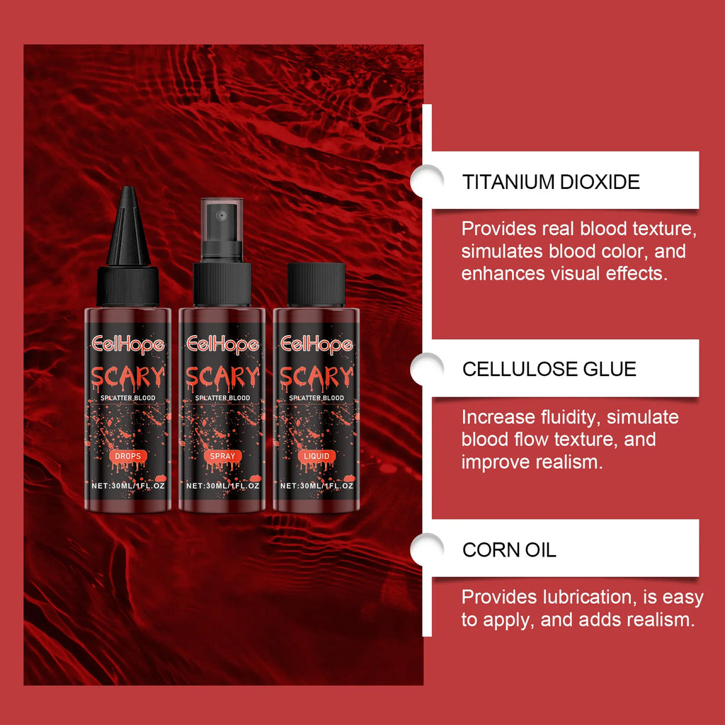 Halloween Fake Blood Makeup Kit Blood Drop Vampire Zombie Cosplay Washable Mock Blood Fake Blood Spray For Party Horror Red Tool Oasis Select