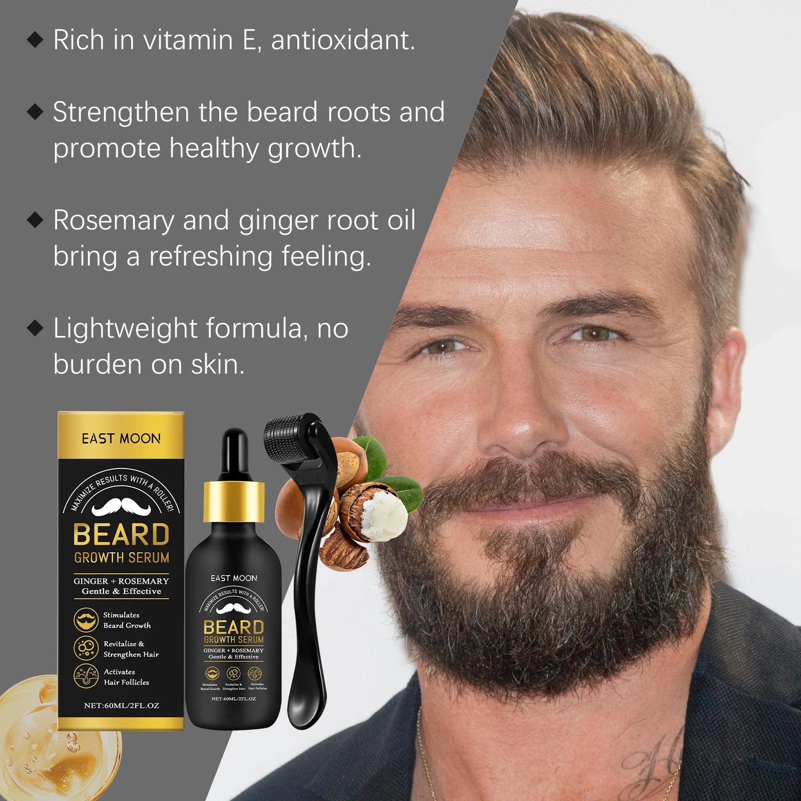 Beard Thickening Care Oil with Roller Ball 0.25mm Strengthen Hair Roots Nourishing Soften Beard Oil for Men Grooming Beard Care Oasis Select