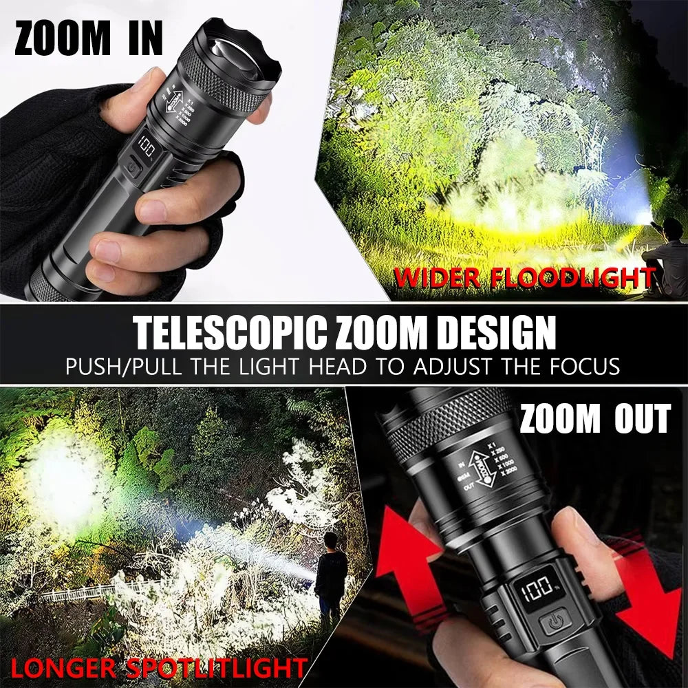 High-power Led Flashlight USB Rechargeable Torch with Display Zoomable Light with Battery Camping Hiking Lantern Emergency Lamp Oasis Select